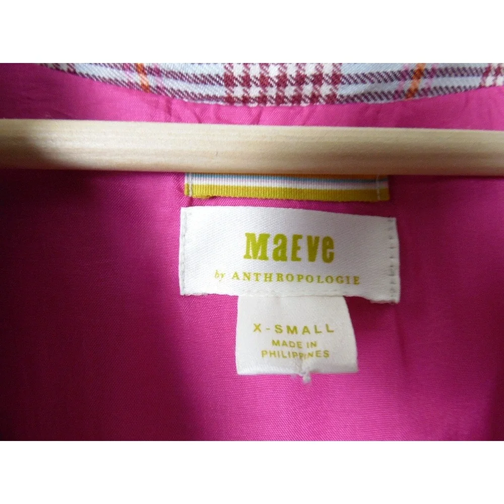 Maeve by Anthropologie Womens Plaid Blazer SZ XS Pink Blue Academia Button Front
